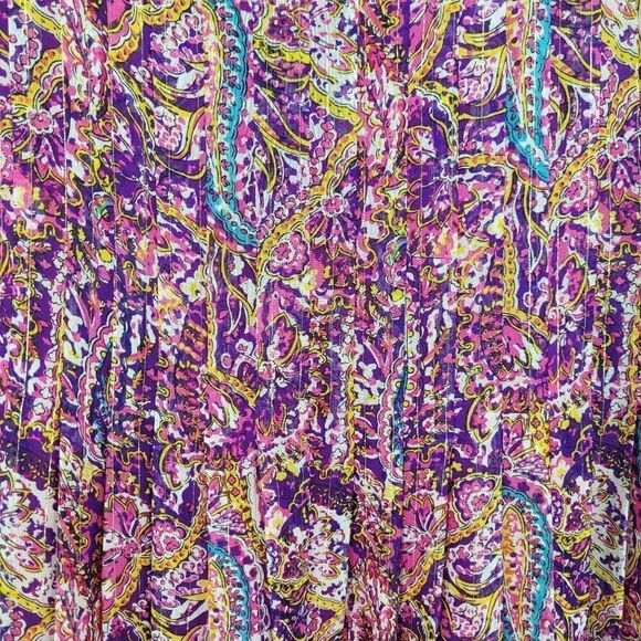 Vintage Lauren Silk Midi Dress 12 Pink Purple Paisley Sheer Square Neck Pleated - Picture 2 of 10
